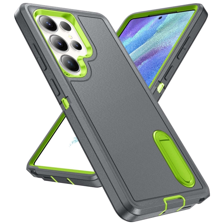 For Samsung Galaxy S25 Ultra 5G Rugged PC Hybrid Silicone Phone Case with Holder(Grey+Fresh Green) - Galaxy S25 Ultra 5G Cases by buy2fix | Online Shopping UK | buy2fix