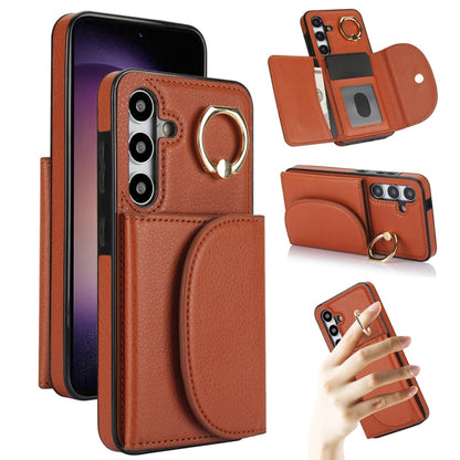 For Samsung Galaxy S25+ 5G Ring Holder Card Bag Skin Feel Phone Case(Brown) - Galaxy S25+ 5G Cases by buy2fix | Online Shopping UK | buy2fix