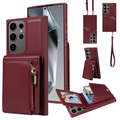 For Samsung Galaxy S25 Ultra 5G Crossbody Lanyard Zipper Wallet Leather Phone Case(Wine Red) - Galaxy S25 Ultra 5G Cases by buy2fix | Online Shopping UK | buy2fix