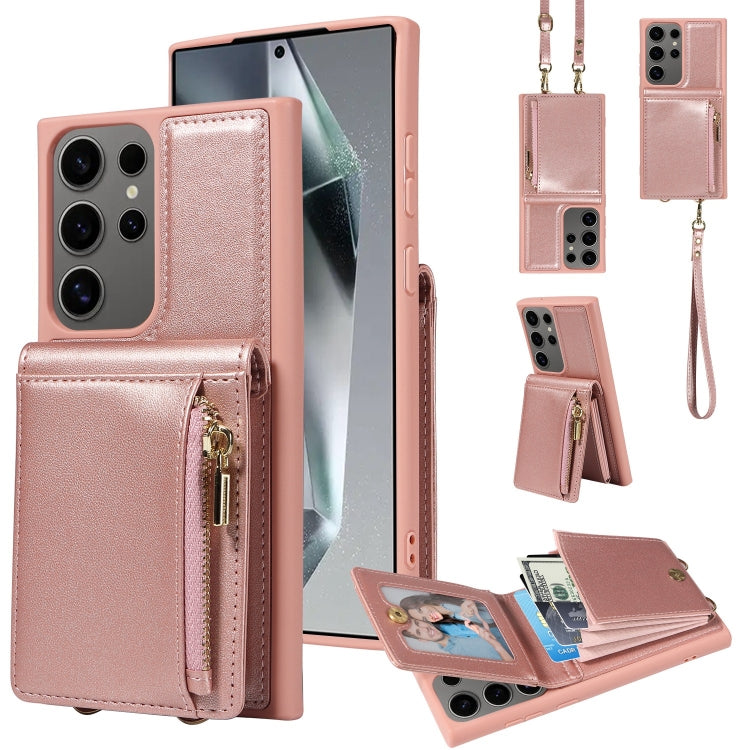 For Samsung Galaxy S25 Ultra 5G Crossbody Lanyard Zipper Wallet Leather Phone Case(Rose Gold) - Galaxy S25 Ultra 5G Cases by buy2fix | Online Shopping UK | buy2fix