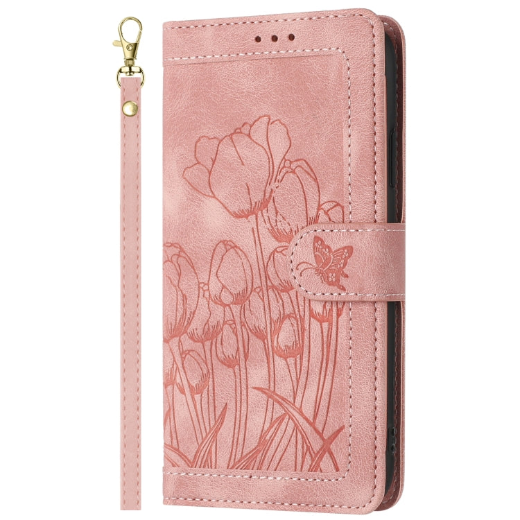 For Samsung Galaxy S25+ 5G Tulips Embossed Leather Phone Case with Lanyard(Pink) - Galaxy S25+ 5G Cases by buy2fix | Online Shopping UK | buy2fix