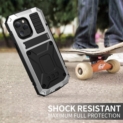 For iPhone 12 / 12 Pro R-JUST Shockproof Waterproof Dust-proof Metal + Silicone Protective Case with Holder(Silver) - iPhone 12 / 12 Pro Cases by R-JUST | Online Shopping UK | buy2fix