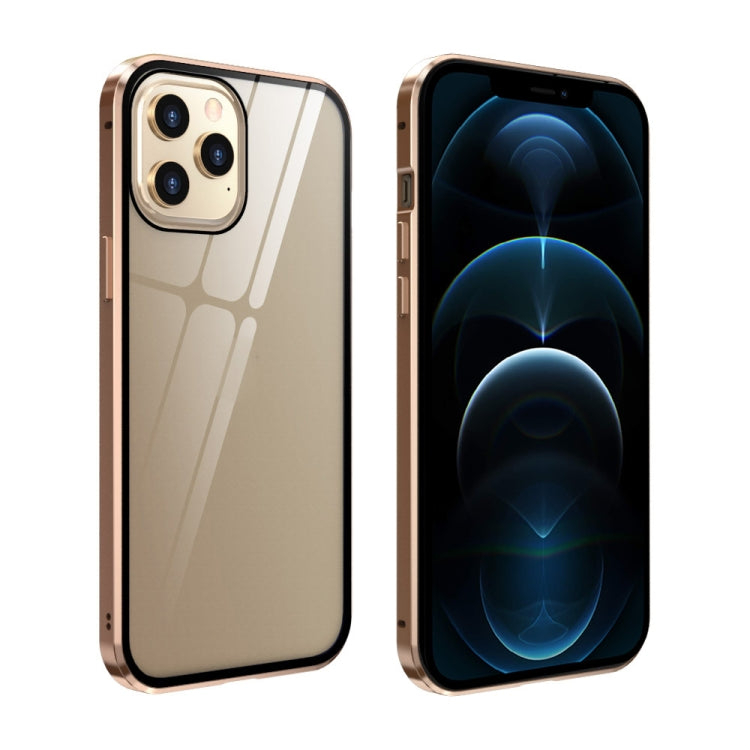 For iPhone 12 Pro Max Double Sides Tempered Glass Magnetic Adsorption Metal Frame Anti-peep Screen Case(Gold) - iPhone 12 Pro Max Cases by buy2fix | Online Shopping UK | buy2fix