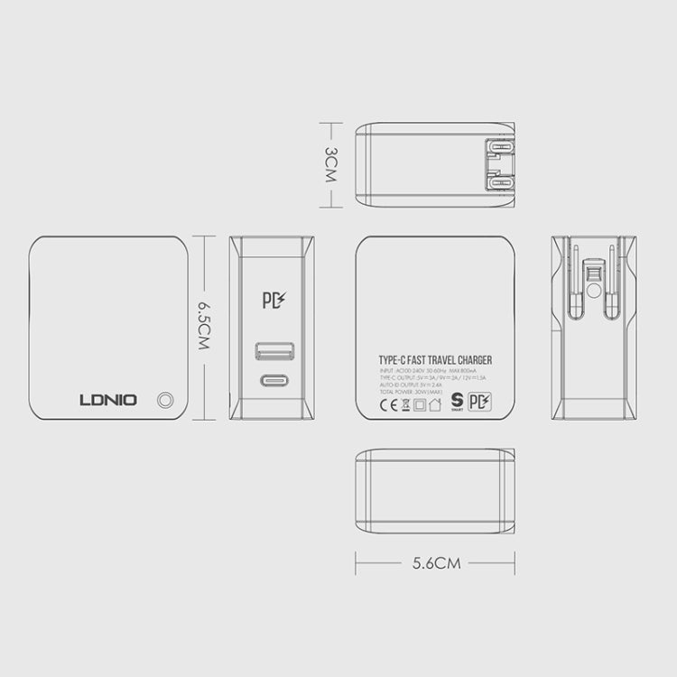 LDNIO A4403C 30W PD + Auto-id Foldable Fast Travel Charger with 1m USB-C / Type-C Cable, EU Plug - USB Charger by LDNIO | Online Shopping UK | buy2fix