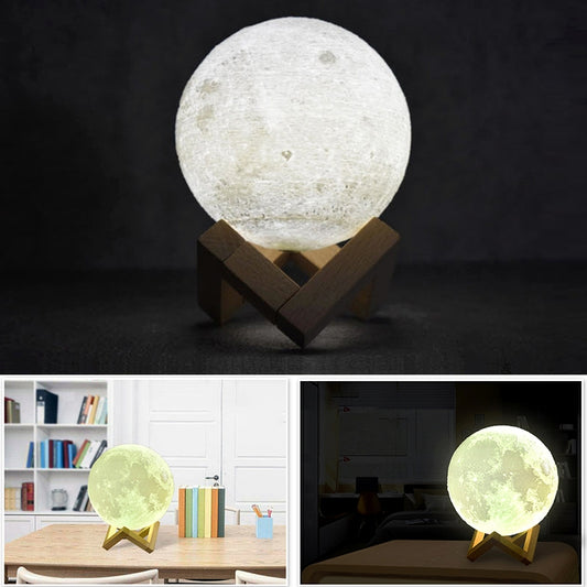 15cm Touch Control 3D Print Moon Lamp, USB Charging White + Yellow Light Color Changing LED Energy-saving Night Light with Wooden Holder Base - Night Lights by buy2fix | Online Shopping UK | buy2fix