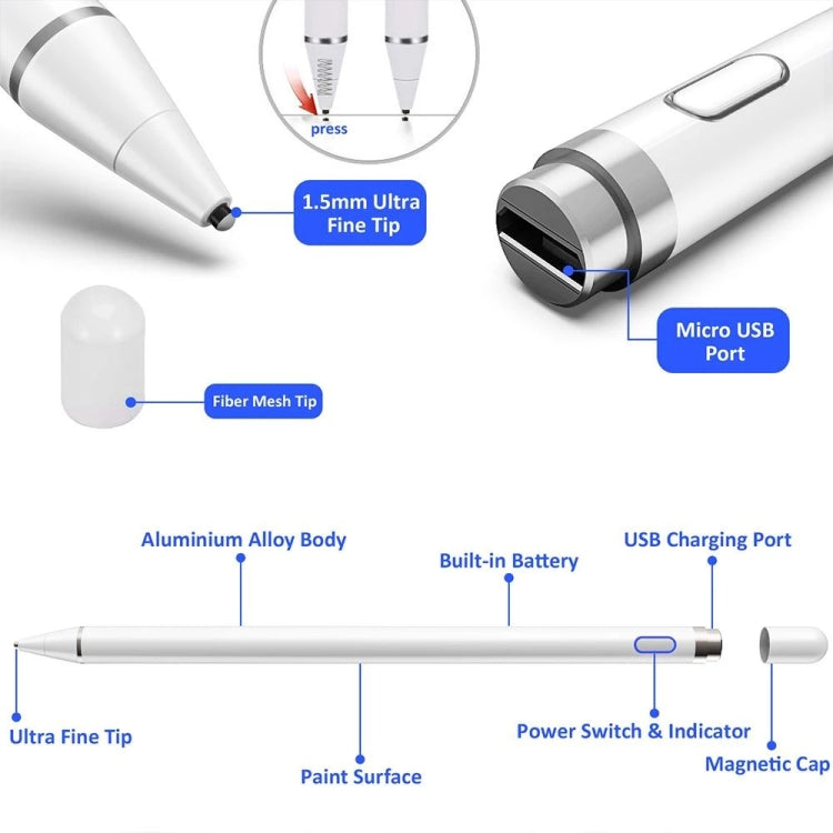 Pencil Universal Rechargeable Active Capacitive Stylus Pen with Magnetic Cap(White) - Stylus Pen by buy2fix | Online Shopping UK | buy2fix