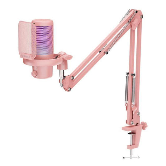 FEELWORLD VM1 USB Condenser Gaming Microphone for Streaming Noise Cancellation Mute RGB Light Boom Arm Stand (Pink) - Microphone by FEELWORLD | Online Shopping UK | buy2fix