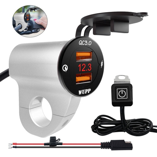 WUPP ZH-975A3 Motorcycle Aluminum Alloy Waterproof Mobile Phone Double QC3.0 Quick Charging Charger with Voltmeter(Silver) - Battery Charger by WUPP | Online Shopping UK | buy2fix