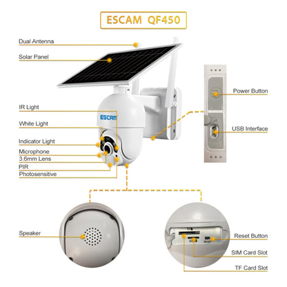 ESCAM QF450 HD 1080P 4G US Version Solar Powered IP Camera with 128G Memory, Support Two-way Audio & PIR Motion Detection & Night Vision & TF Card - Dome Camera by ESCAM | Online Shopping UK | buy2fix