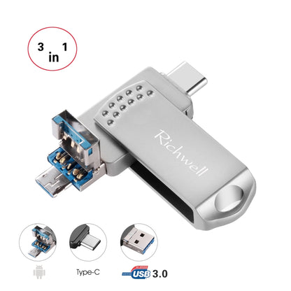 Richwell 3 in 1 128G Type-C + Micro USB + USB 3.0 Metal Flash Disk with OTG Function(Silver) - U Disk & Card Reader by Richwell | Online Shopping UK | buy2fix