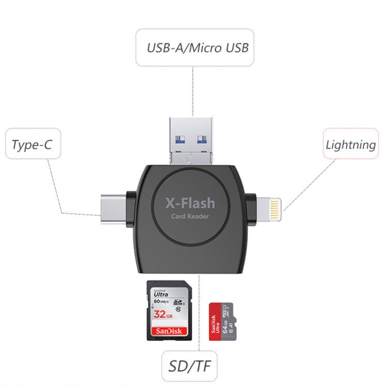 X-Flash R01 3 in 1 8 Pin + USB-C / Type-C + Micro USB Interface SD / TF Card Reader(Black) - Converter & Adapter by buy2fix | Online Shopping UK | buy2fix