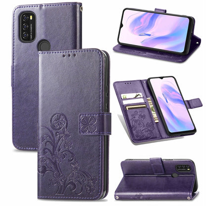 For Blackview A70 Four-leaf Clasp Embossed Buckle Mobile Phone Protection Leather Case with Lanyard & Card Slot & Wallet & Bracket Function(Purple) - More Brand by buy2fix | Online Shopping UK | buy2fix