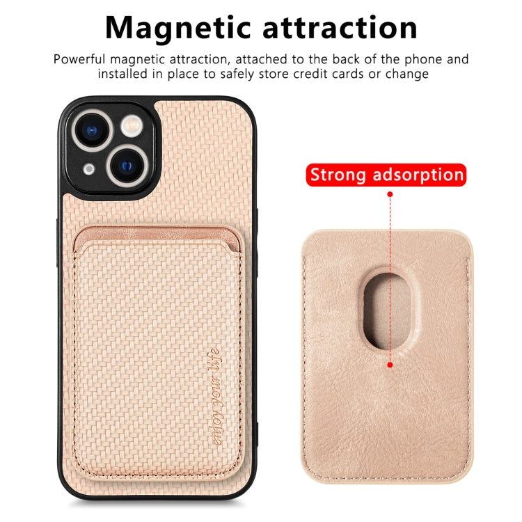 For iPhone 13 mini Carbon Fiber Leather Card Magsafe Magnetic Phone Case(Khaki) - iPhone 13 mini Cases by buy2fix | Online Shopping UK | buy2fix