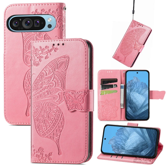 For Google Pixel 9 Butterfly Love Flower Embossed Leather Phone Case(Pink) - Google Cases by buy2fix | Online Shopping UK | buy2fix