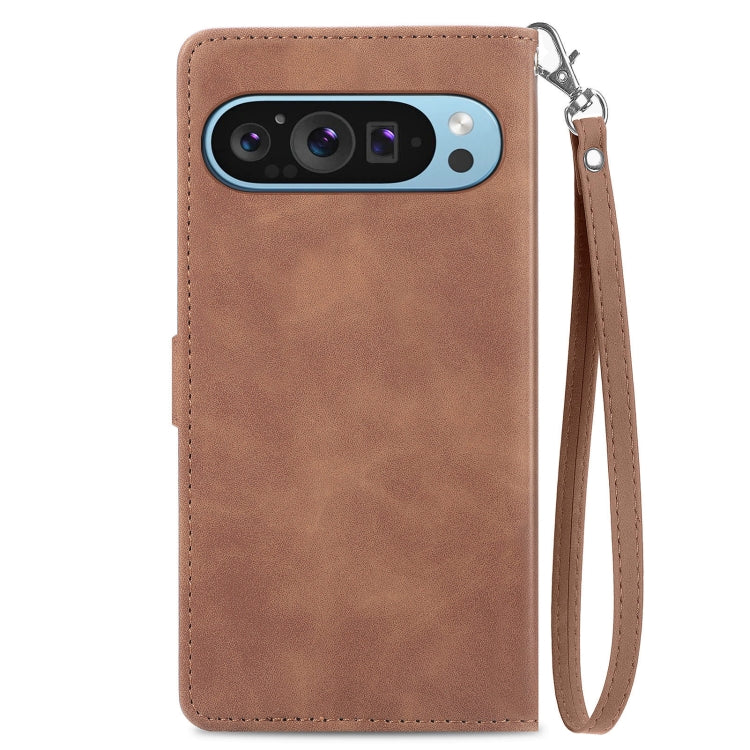 For Google Pixel 9 Pro Embossed Flower Zipper Leather Phone Case(Brown) - Google Cases by buy2fix | Online Shopping UK | buy2fix