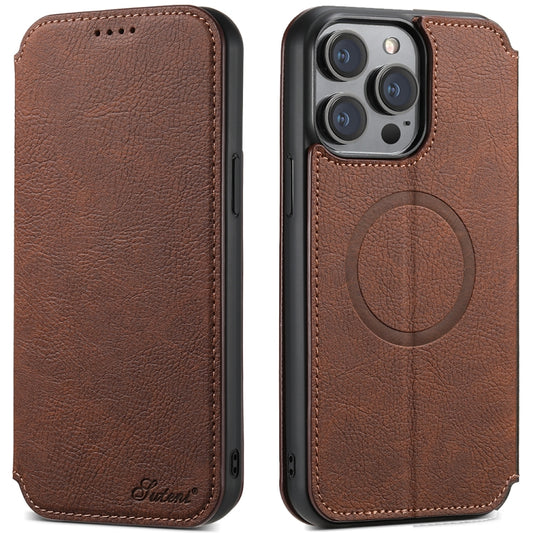 For iPhone 14 Pro Max Suteni J06 Retro Matte Litchi Texture Leather Magnetic Magsafe Phone Case(Brown) - iPhone 14 Pro Max Cases by Suteni | Online Shopping UK | buy2fix