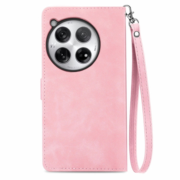 For OnePlus 12 Embossed Flower Zipper Leather Phone Case(Pink) - OnePlus Cases by buy2fix | Online Shopping UK | buy2fix