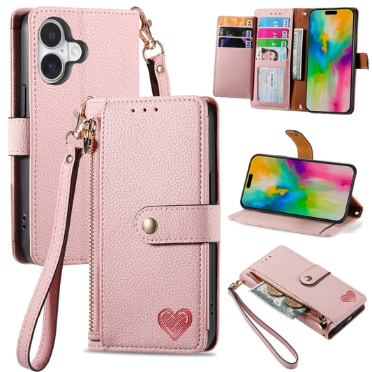 For iPhone 16 Plus Love Zipper Lanyard Leather Phone Case(Pink) - iPhone 16 Plus Cases by buy2fix | Online Shopping UK | buy2fix