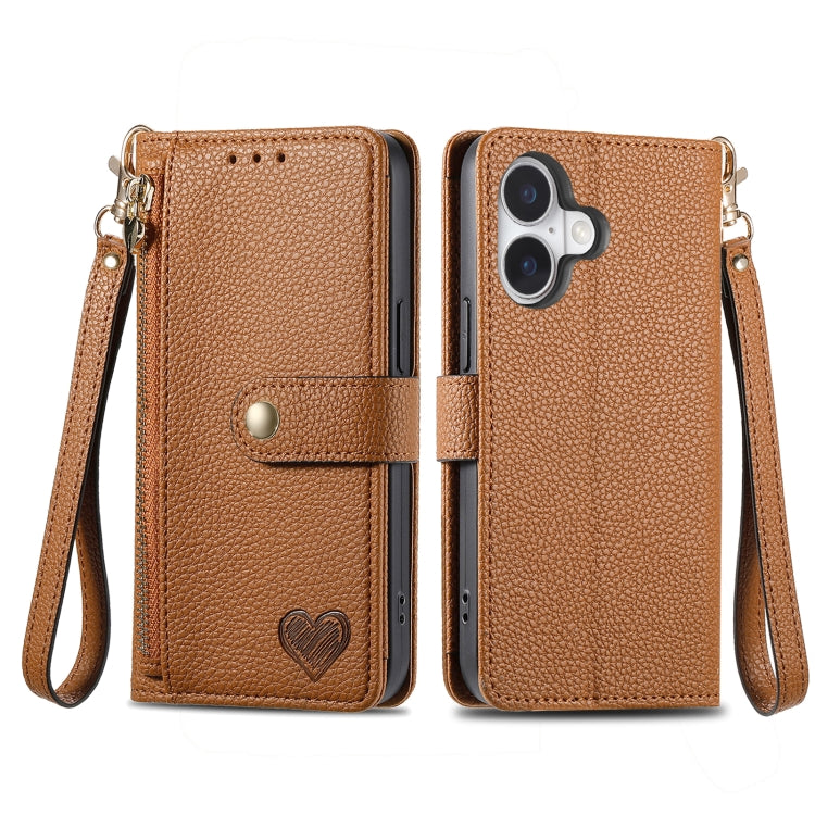 For iPhone 16 Plus Love Zipper Lanyard Leather Phone Case(Brown) - iPhone 16 Plus Cases by buy2fix | Online Shopping UK | buy2fix