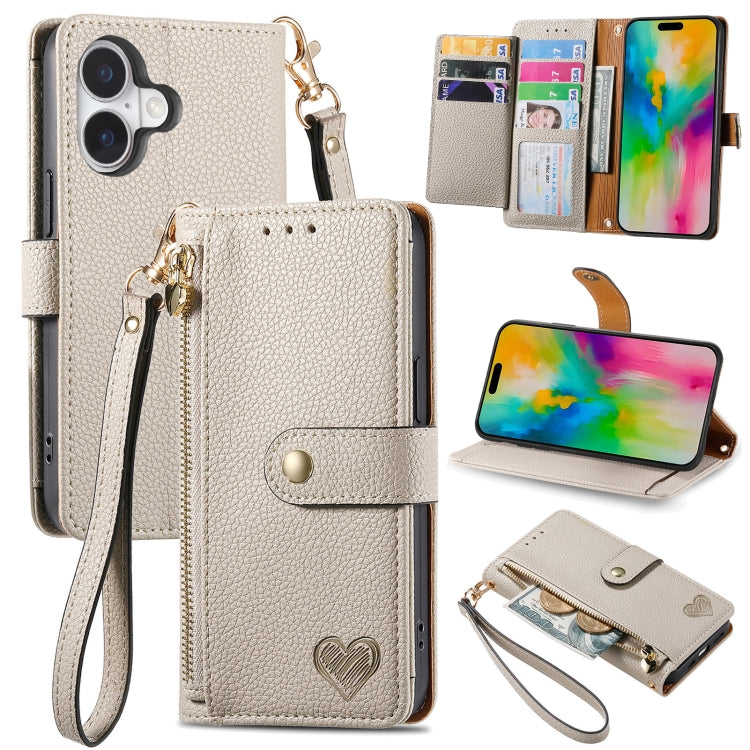 For iPhone 16 Plus Love Zipper Lanyard Leather Phone Case(Gray) - iPhone 16 Plus Cases by buy2fix | Online Shopping UK | buy2fix