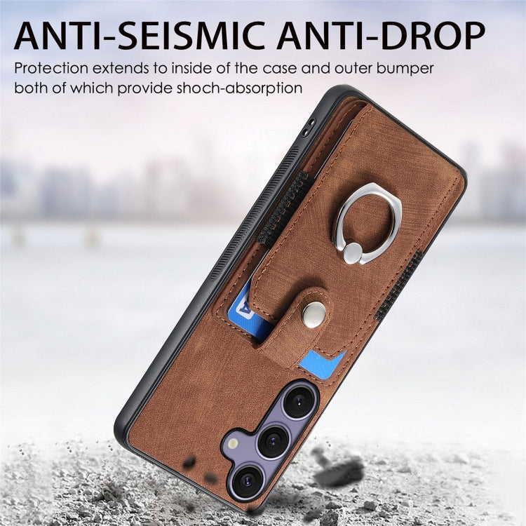 For Samsung Galaxy S25+ 5G Retro Skin-feel Ring Card Wallet Phone Case(Brown) - Galaxy S25+ 5G Cases by buy2fix | Online Shopping UK | buy2fix