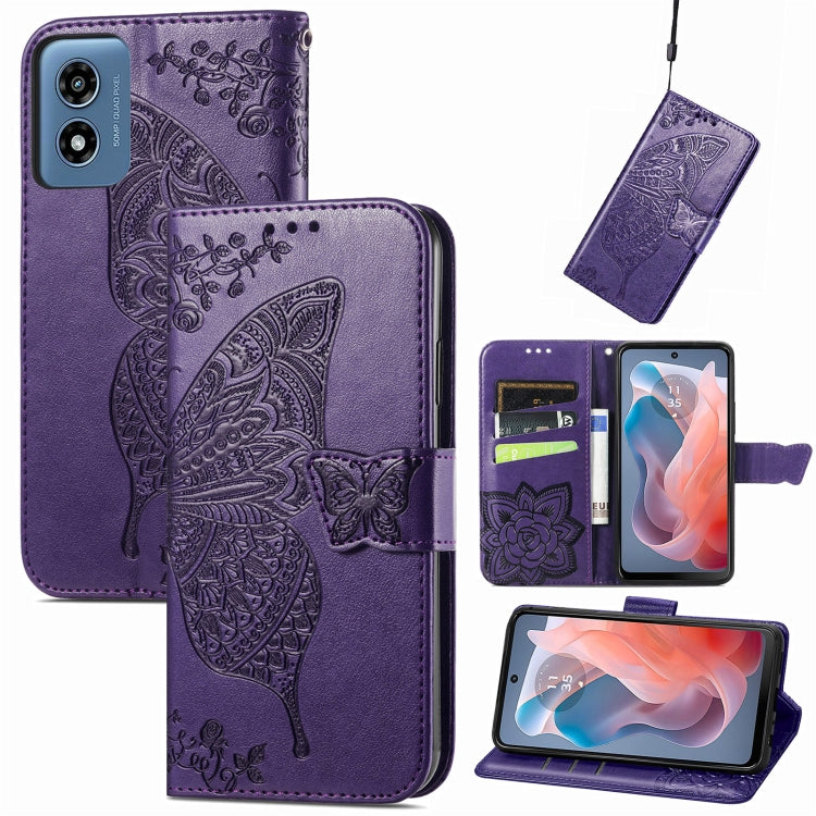 For Motorola Moto G  Play  2024 Butterfly Love Flower Embossed Leather Phone Case(Dark Purple) - Motorola Cases by buy2fix | Online Shopping UK | buy2fix