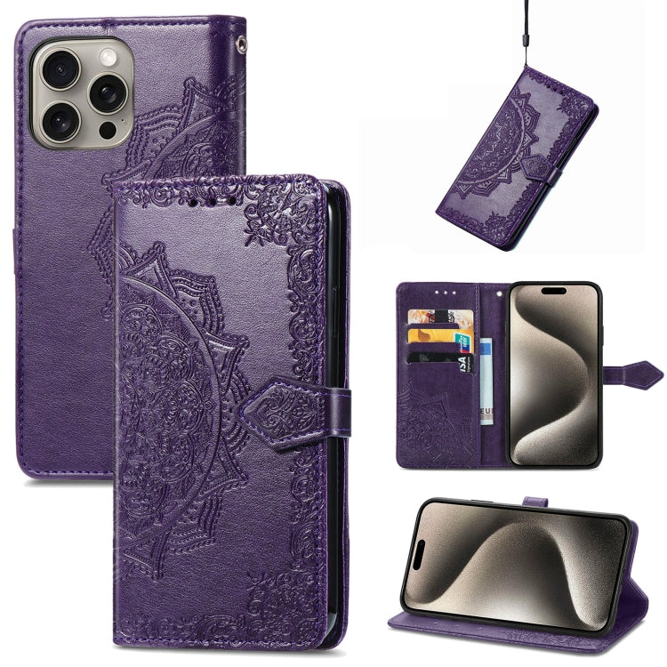 For iPhone 16 Pro Max Mandala Flower Embossed Leather Phone Case(Purple) - iPhone 16 Pro Max Cases by buy2fix | Online Shopping UK | buy2fix