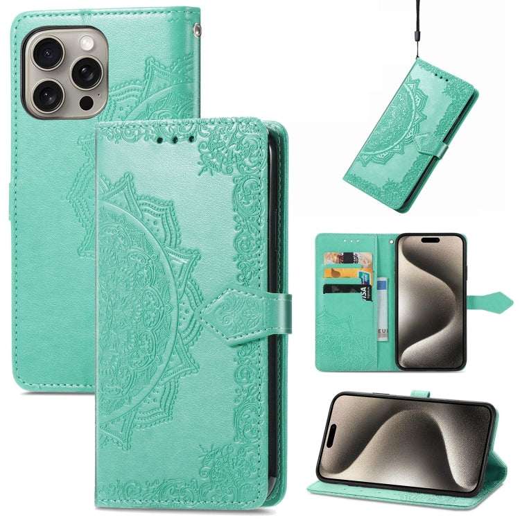 For iPhone 16 Mandala Flower Embossed Leather Phone Case(Green) - iPhone 16 Cases by buy2fix | Online Shopping UK | buy2fix