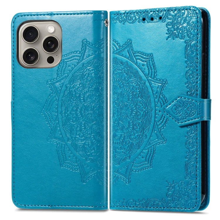 For iPhone 16 Mandala Flower Embossed Leather Phone Case(Blue) - iPhone 16 Cases by buy2fix | Online Shopping UK | buy2fix