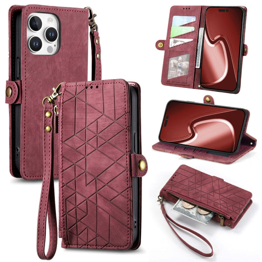 For iPhone 16 Pro Geometric Zipper Wallet Side Buckle Leather Phone Case(Red) - iPhone 16 Pro Cases by buy2fix | Online Shopping UK | buy2fix