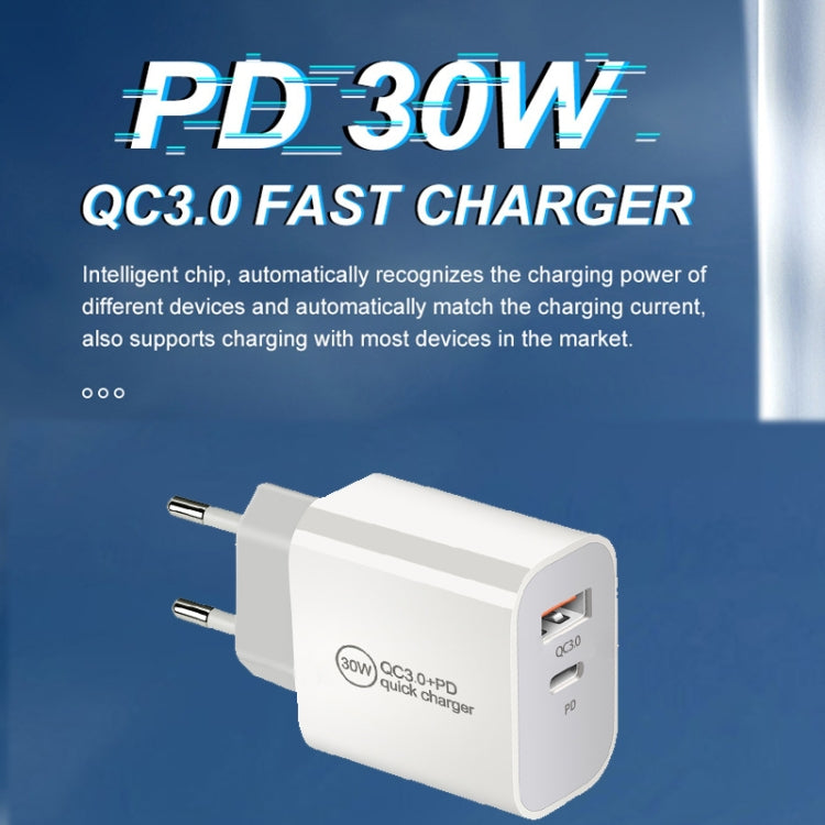 PD30W USB-C / Type-C + QC3.0 USB Dual Port Charger with 1m Type-C to 8 Pin Data Cable, US Plug - USB Charger by buy2fix | Online Shopping UK | buy2fix