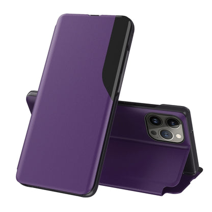 For iPhone 16 Pro Side Display Flip Leather Phone Case(Purple) - More iPhone Cases by buy2fix | Online Shopping UK | buy2fix