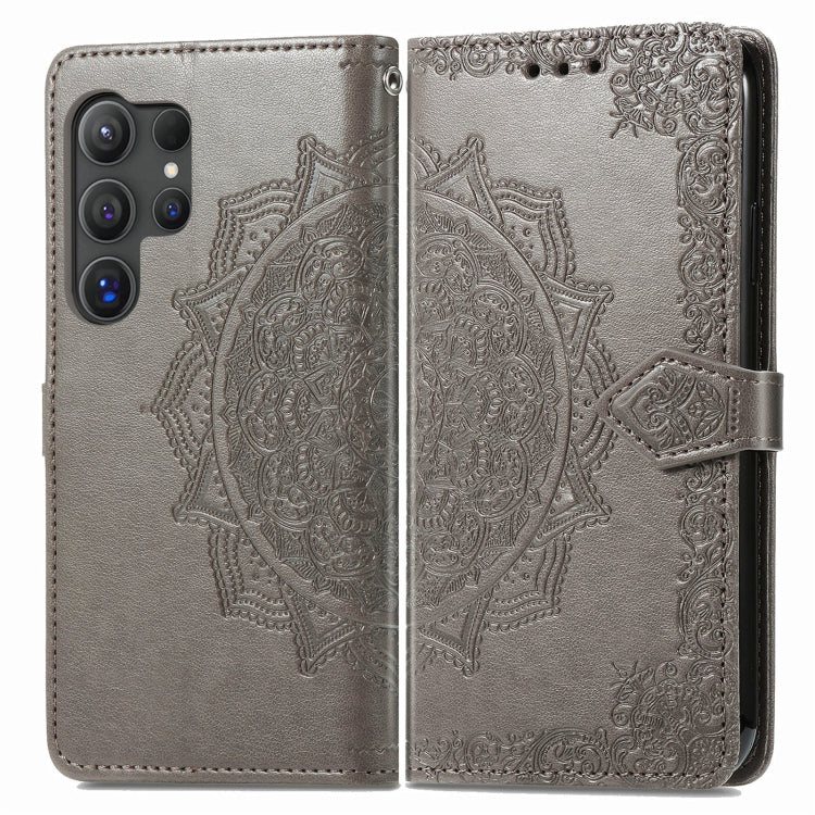 For Samsung Galaxy S25 Ultra 5G Mandala Flower Embossed Leather Phone Case(Gray) - Galaxy S25 Ultra 5G Cases by buy2fix | Online Shopping UK | buy2fix