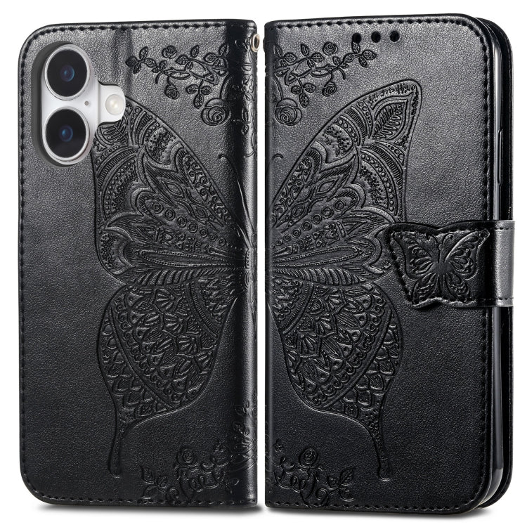 For iPhone 16 Butterfly Love Flower Embossed Leather Phone Case(Black) - iPhone 16 Cases by buy2fix | Online Shopping UK | buy2fix