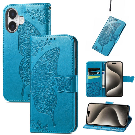 For iPhone 16 Butterfly Love Flower Embossed Leather Phone Case(Blue) - iPhone 16 Cases by buy2fix | Online Shopping UK | buy2fix