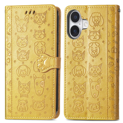 For iPhone 16 Plus Cat and Dog Embossed Leather Phone Case(Yellow) - iPhone 16 Plus Cases by buy2fix | Online Shopping UK | buy2fix