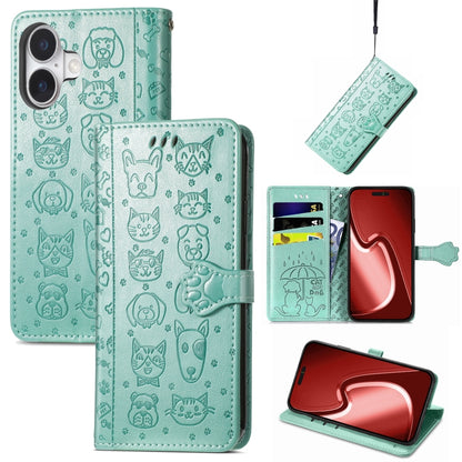 For iPhone 16 Plus Cat and Dog Embossed Leather Phone Case(Green) - iPhone 16 Plus Cases by buy2fix | Online Shopping UK | buy2fix