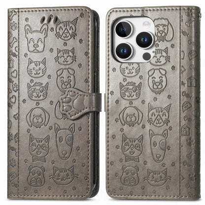 For iPhone 16 Pro Cat and Dog Embossed Leather Phone Case(Gray) - iPhone 16 Pro Cases by buy2fix | Online Shopping UK | buy2fix