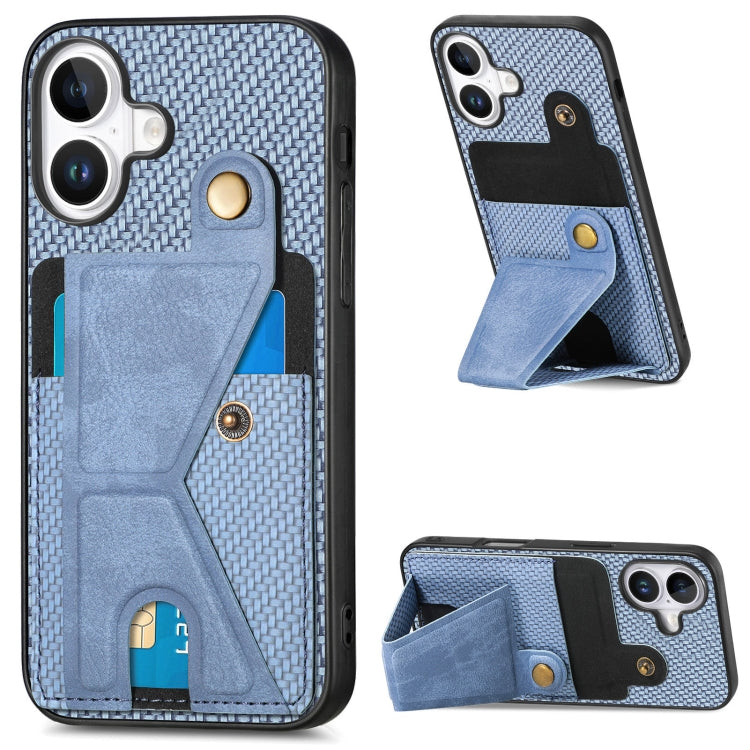 For iPhone 16 Carbon Fiber Wallet Flip Card K-shaped Holder Phone Case(Blue) - iPhone 16 Cases by buy2fix | Online Shopping UK | buy2fix