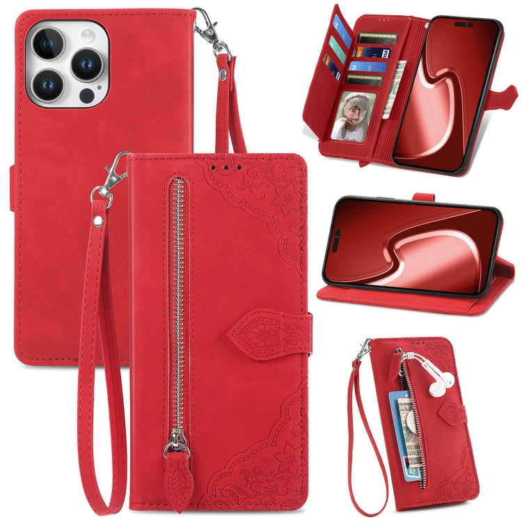 For iPhone 16 Pro Embossed Flower Zipper Leather Phone Case(Red) - iPhone 16 Pro Cases by buy2fix | Online Shopping UK | buy2fix