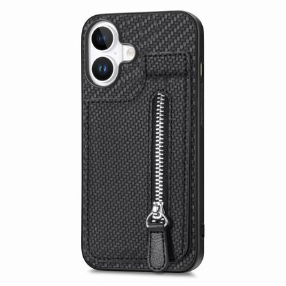 For iPhone 16 Carbon Fiber Vertical Flip Zipper Phone Case(Black) - iPhone 16 Cases by buy2fix | Online Shopping UK | buy2fix