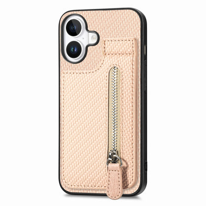 For iPhone 16 Carbon Fiber Vertical Flip Zipper Phone Case(Khaki) - iPhone 16 Cases by buy2fix | Online Shopping UK | buy2fix