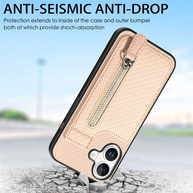 For iPhone 16 Carbon Fiber Vertical Flip Zipper Phone Case(Khaki) - iPhone 16 Cases by buy2fix | Online Shopping UK | buy2fix