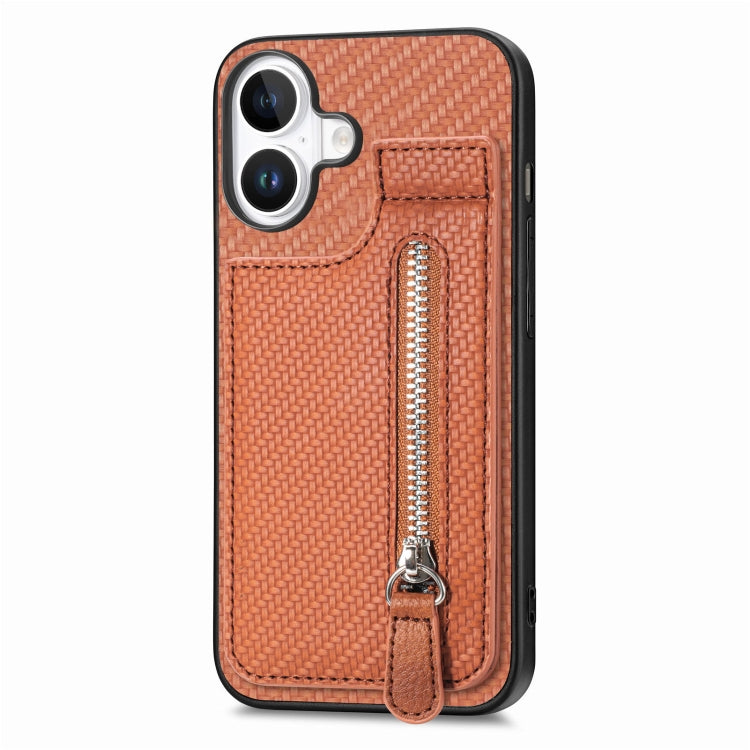 For iPhone 16 Carbon Fiber Vertical Flip Zipper Phone Case(Brown) - iPhone 16 Cases by buy2fix | Online Shopping UK | buy2fix