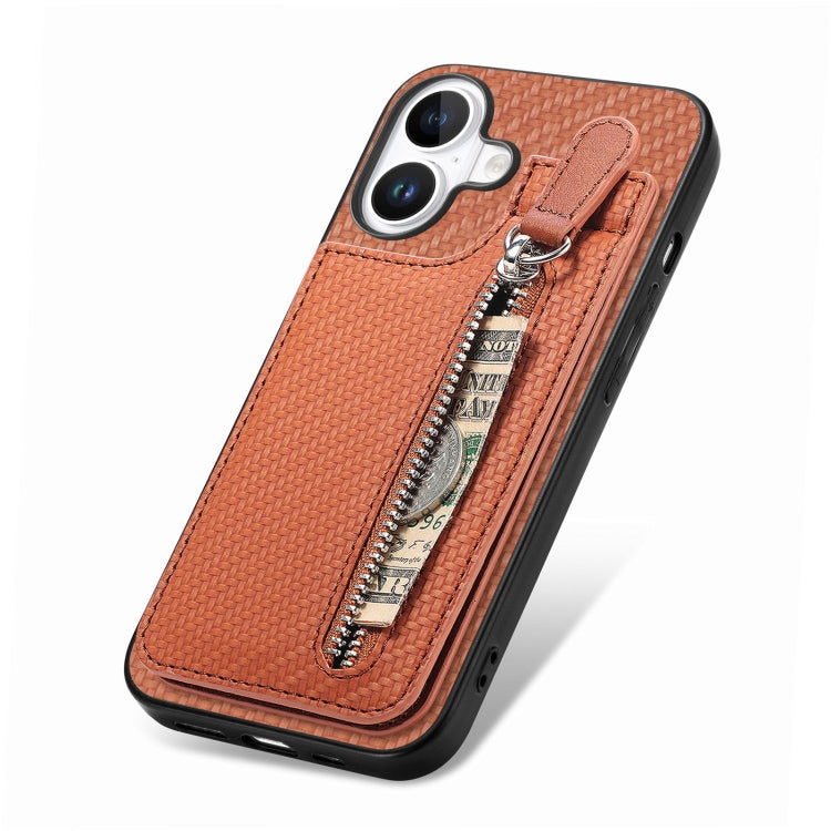 For iPhone 16 Carbon Fiber Vertical Flip Zipper Phone Case(Brown) - iPhone 16 Cases by buy2fix | Online Shopping UK | buy2fix