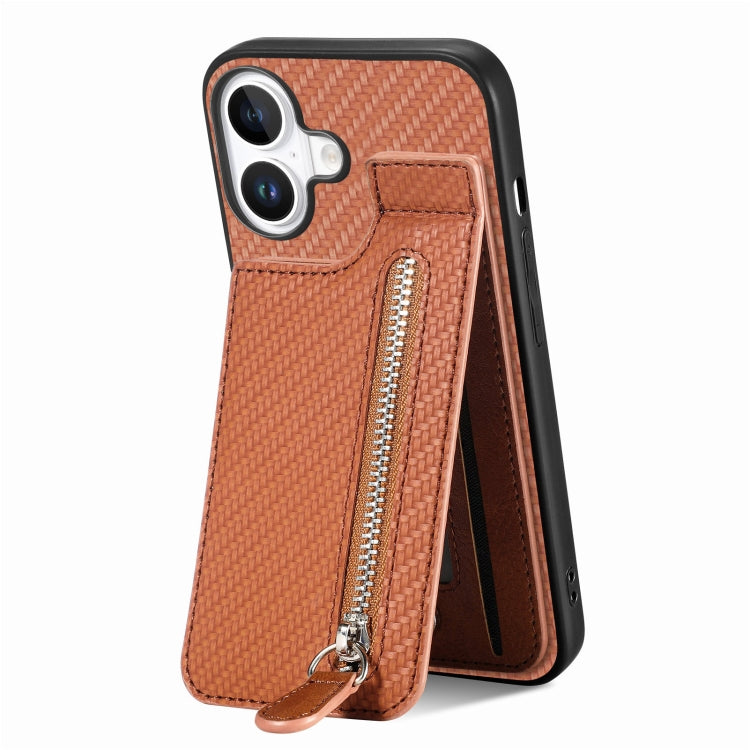 For iPhone 16 Plus Carbon Fiber Vertical Flip Zipper Phone Case(Brown) - iPhone 16 Plus Cases by buy2fix | Online Shopping UK | buy2fix