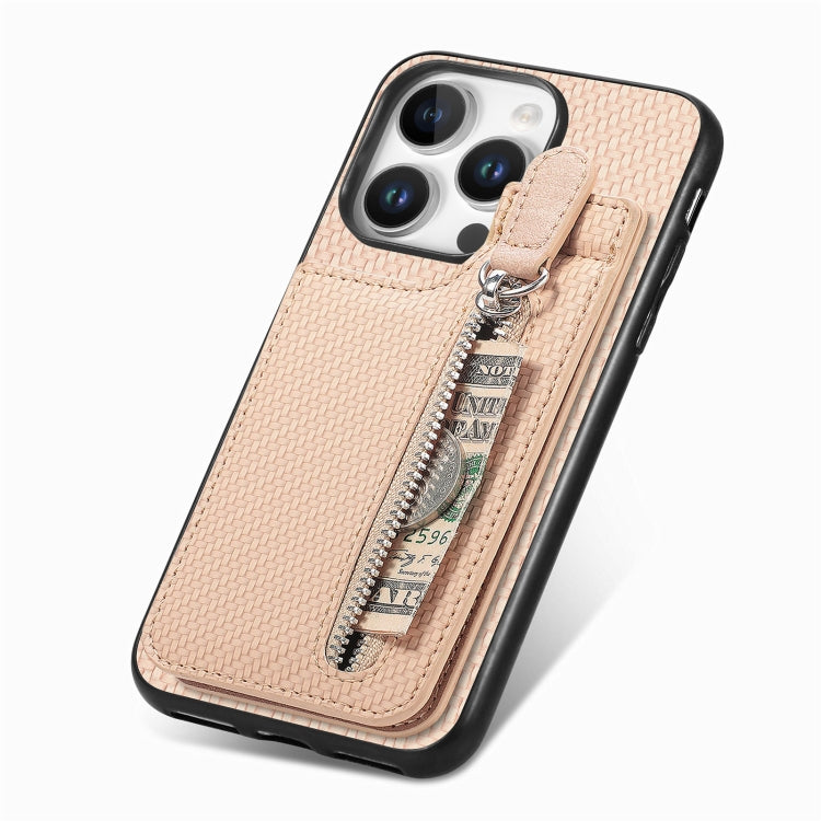 For iPhone 16 Pro Carbon Fiber Vertical Flip Zipper Phone Case(Khaki) - iPhone 16 Pro Cases by buy2fix | Online Shopping UK | buy2fix