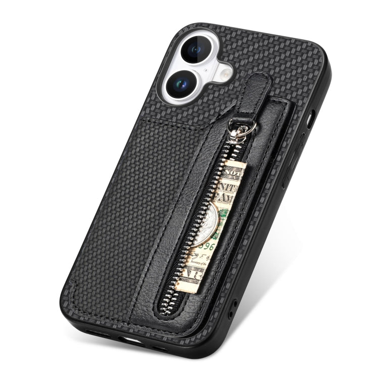 For iPhone 16 Carbon Fiber Horizontal Flip Zipper Wallet Phone Case(Black) - iPhone 16 Cases by buy2fix | Online Shopping UK | buy2fix