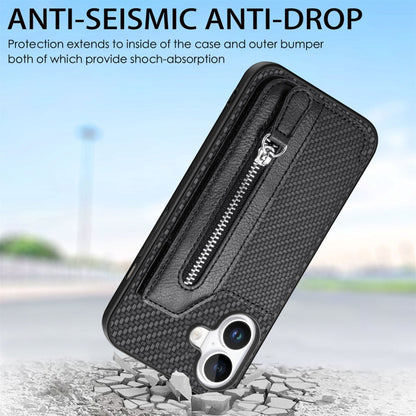 For iPhone 16 Carbon Fiber Horizontal Flip Zipper Wallet Phone Case(Black) - iPhone 16 Cases by buy2fix | Online Shopping UK | buy2fix