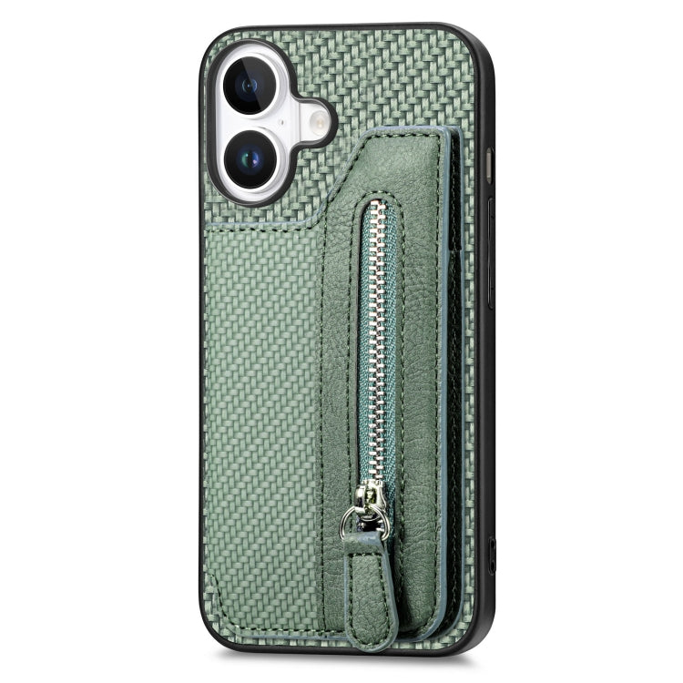 For iPhone 16 Carbon Fiber Horizontal Flip Zipper Wallet Phone Case(Green) - iPhone 16 Cases by buy2fix | Online Shopping UK | buy2fix